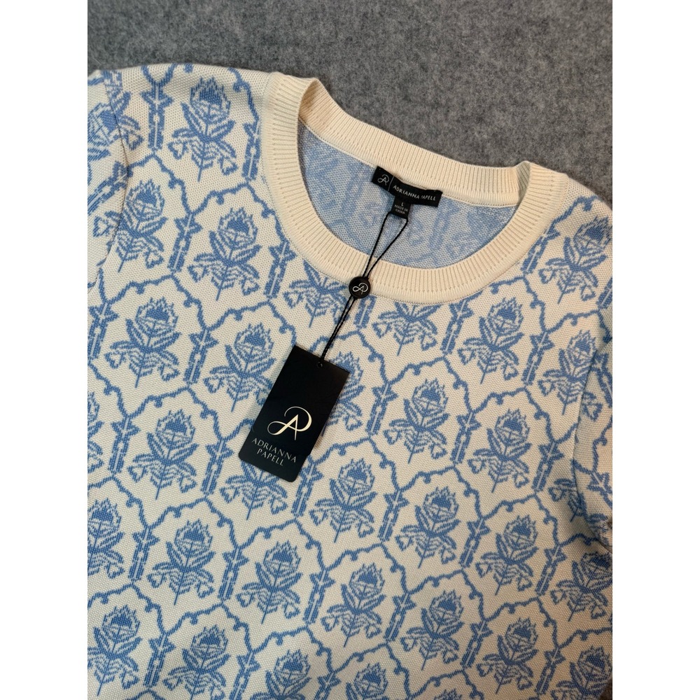 Adrianna Papell Womens Blue Cream Floral Jacquard Crewneck Sweater NWT Large